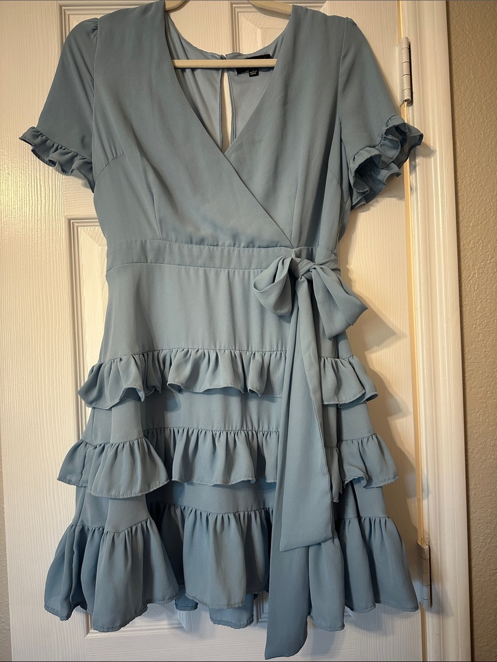 Lulu's Light Blue Ruffle Tie-Waist Wrap Mini Dress